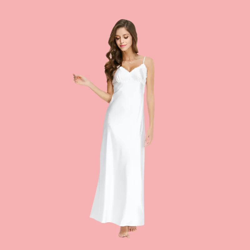 Elegant Long Lace Trim V-Neck Silk Nightgowns Sleepwear Sleep Dress