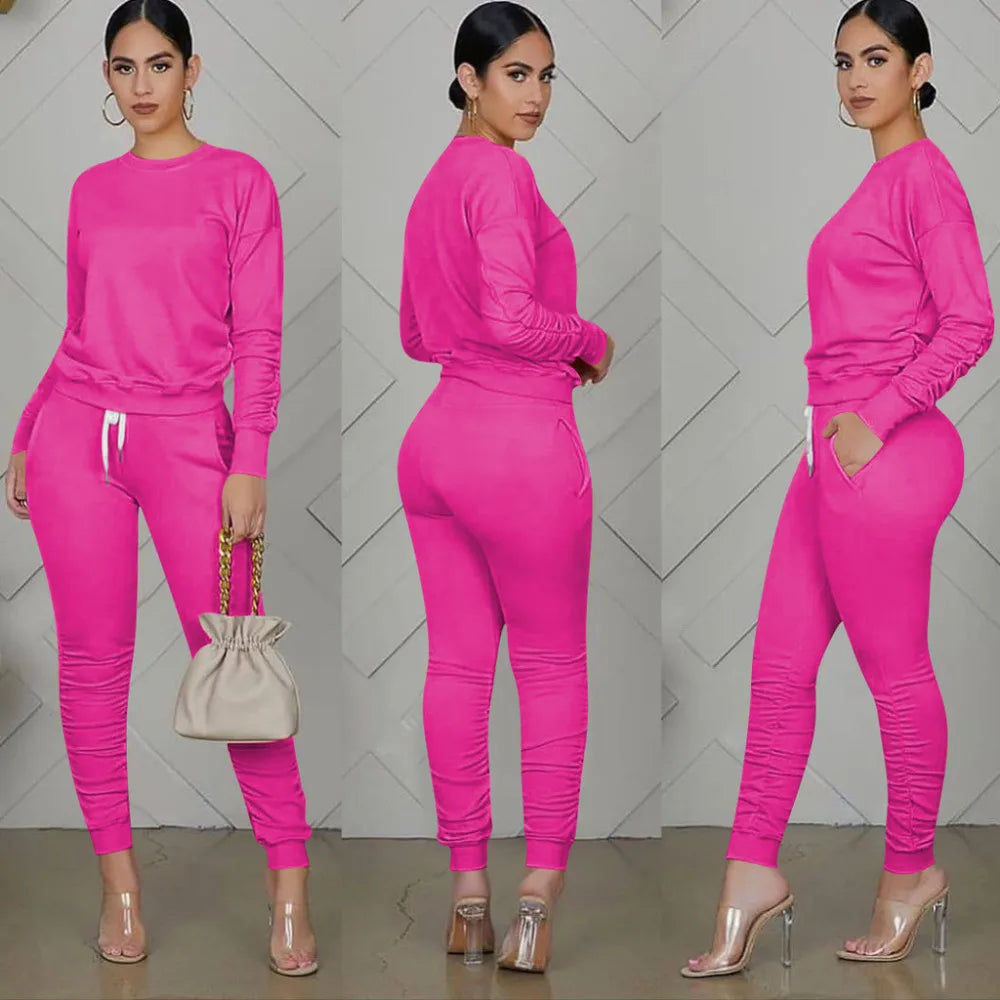 Casual Sporty Two Piece Long Sleeve Sweatshirt Top & Matching Stacked Jogger Set