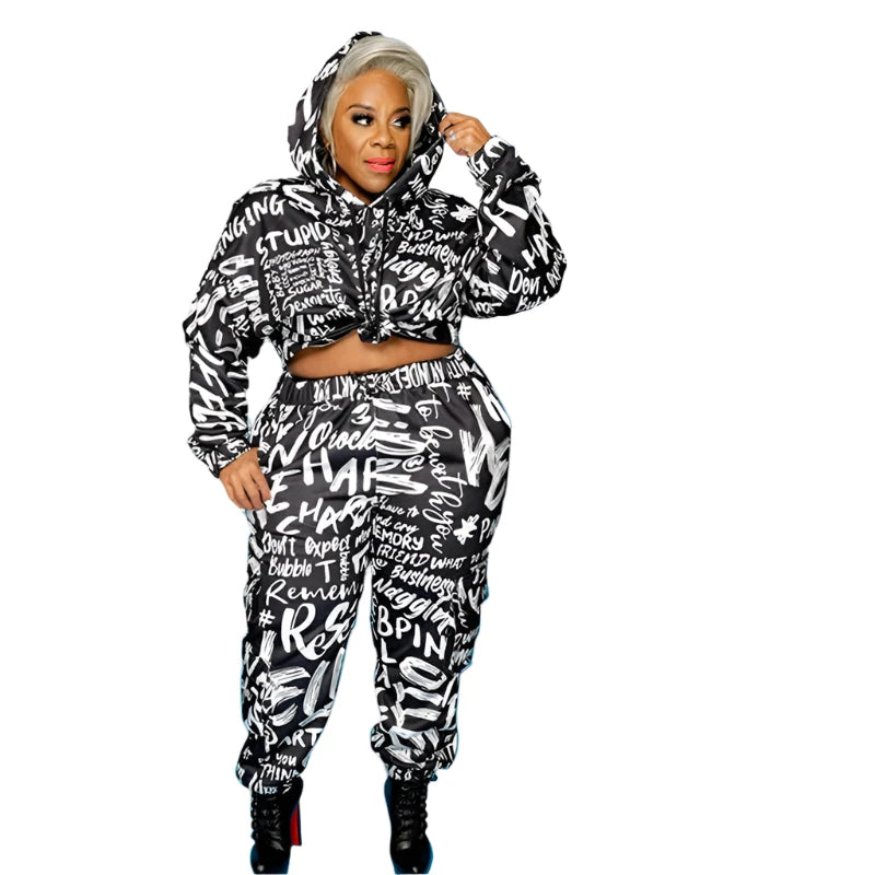 2 Piece Outfits for Women Pants and Top Hoodie Joggers Matching Sets Letter Print Plus Size Tracksuit