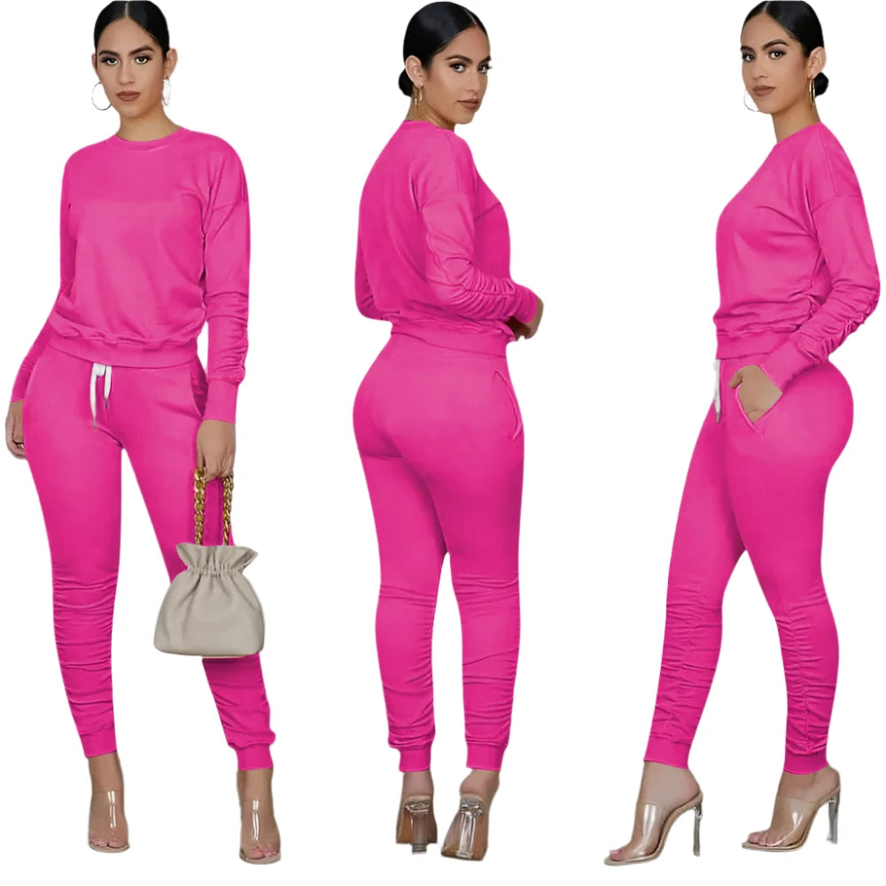 Casual Sporty Two Piece Long Sleeve Sweatshirt Top & Matching Stacked Jogger Set