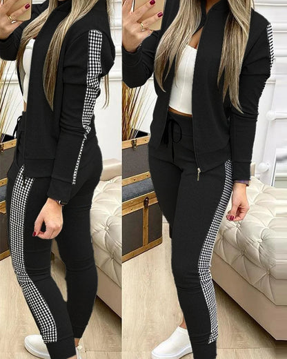 Leisure Sports Zipper Tops Coat Pants 2 Two Pieces Sets For Women Striped Stitching Comfortable Activewear Sets