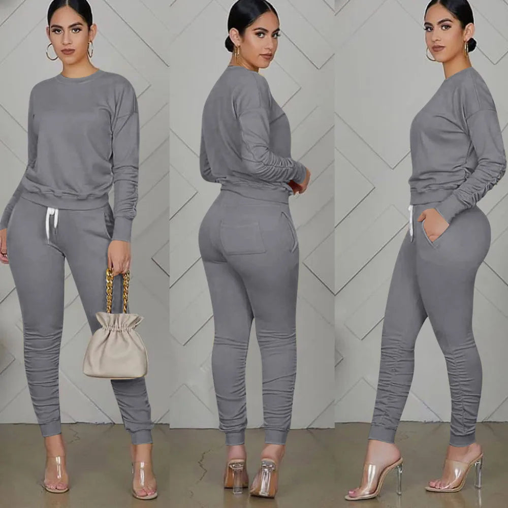 Casual Sporty Two Piece Long Sleeve Sweatshirt Top & Matching Stacked Jogger Set