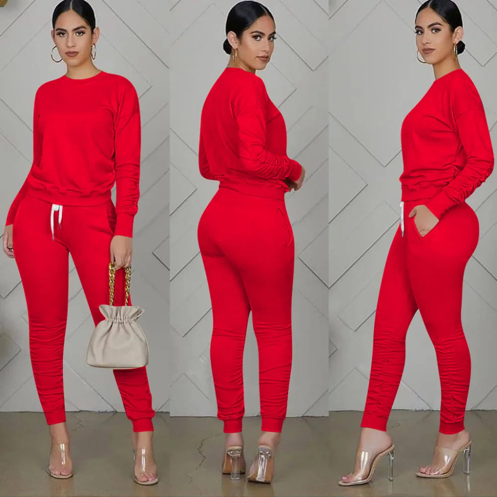 Casual Sporty Two Piece Long Sleeve Sweatshirt Top & Matching Stacked Jogger Set