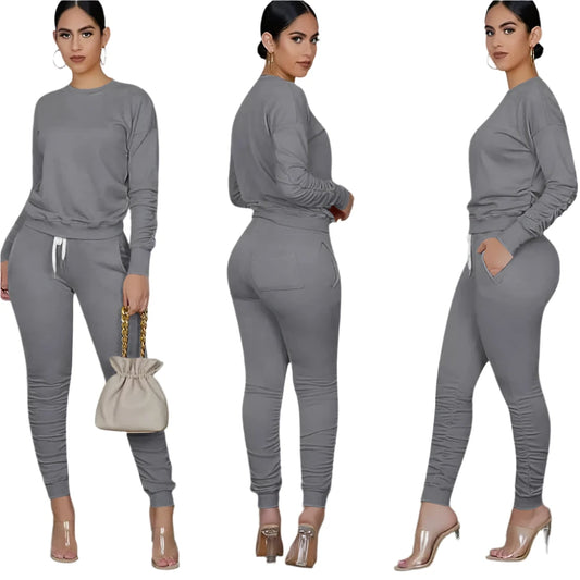 Casual Sporty Two Piece Long Sleeve Sweatshirt Top & Matching Stacked Jogger Set