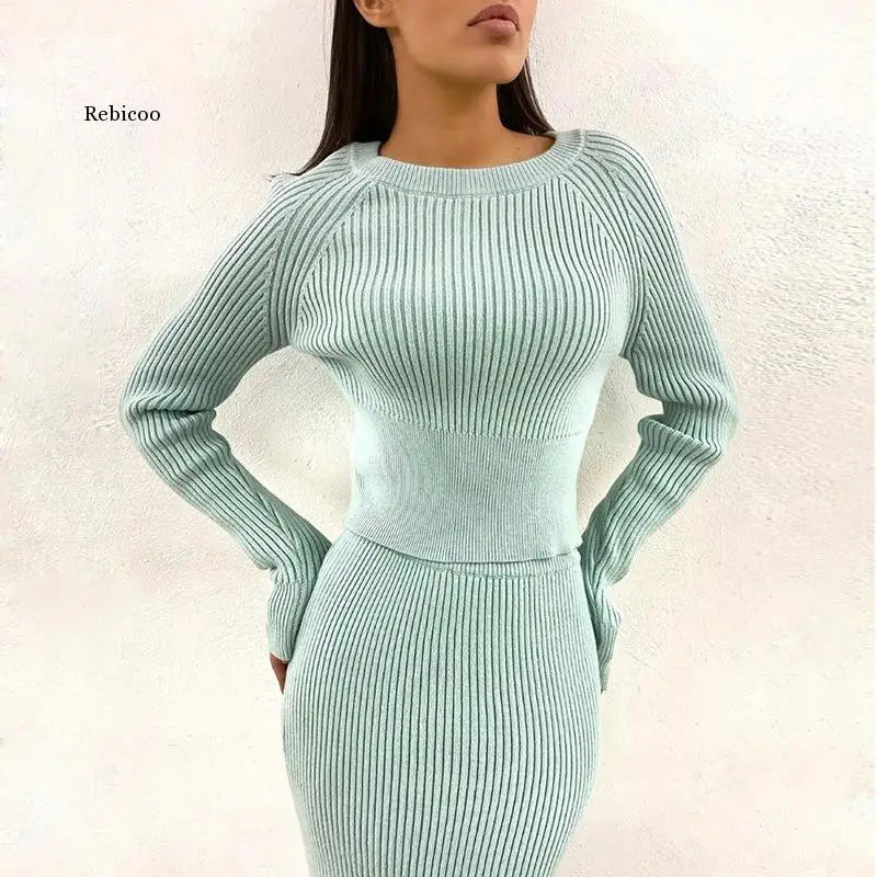 Rebicoo Knitted Sweater and Skirt Two Piece Outfit Set for Women