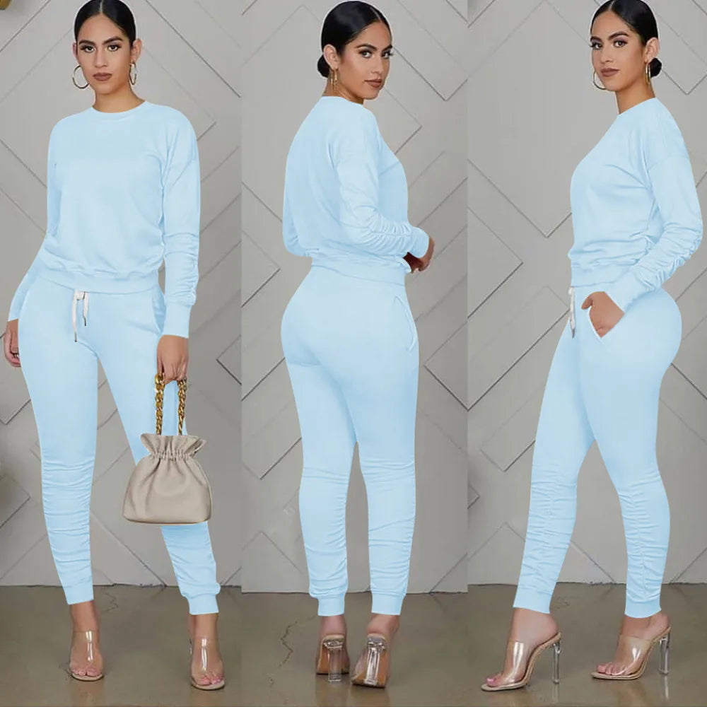 Casual Sporty Two Piece Long Sleeve Sweatshirt Top & Matching Stacked Jogger Set