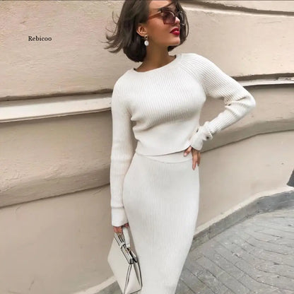 Rebicoo Knitted Sweater and Skirt Two Piece Outfit Set for Women