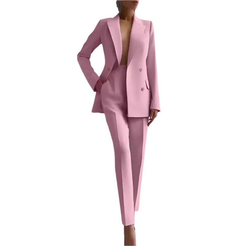 Mandylandy 2pcs Solid Color Fashion Suit Long Sleeve Blazer Jacket & High Waist Long Pants Set