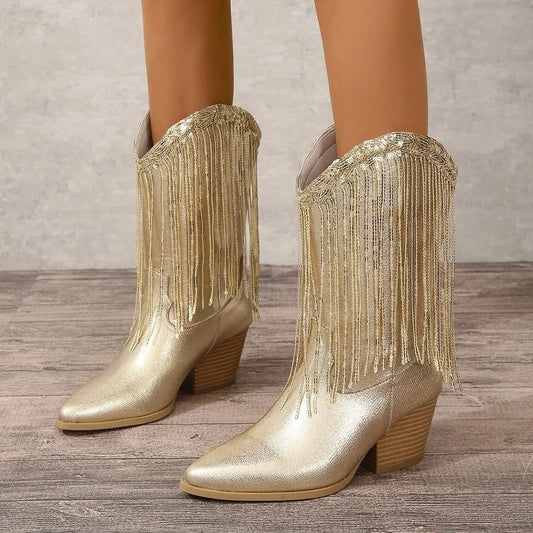 Tasseled Mid Calf Gold Cowgirl Boots for Women