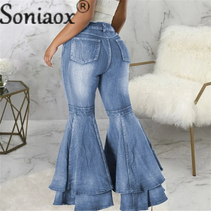 Vintage High Waist Fashion Splicing Layers Flared Denim Blue Jeans