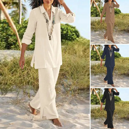 Casual Cotton Blend V-Neck 3/4 Sleeve Loose Top & Wide Leg Pants Two Pieces Set