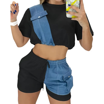 LEOSOXS Casual Colorblock Denim Patch O-Neck Short Sleeve Crop Top & Drawstring Shorts Set  Two Pieces Suit Set Outfits