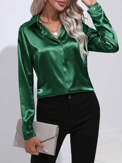 Satin V Neck Long Sleeve Shirt