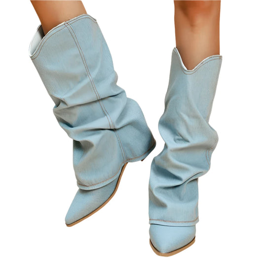 Chic Pleated Block Heels Denim Boots for Women