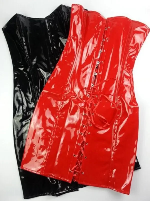 Corsets And Bustiers Punk Style Slim PVC Leather Corselet Dress Long Torso Korsett Overbust Women Clothing