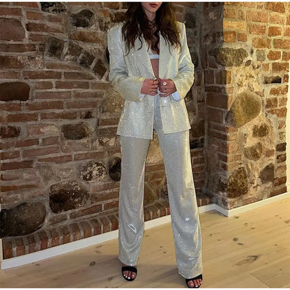 Glitzy Chic Three Pieces Blazer, Bra Top, and Pants Suit