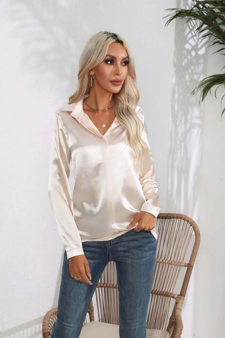 Satin V Neck Long Sleeve Shirt