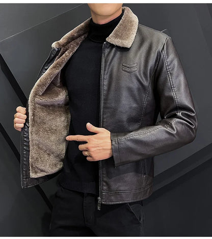 High Quality Men's Faux Leather Motorcycle Jacket Thickened Fur Collar and Inside Liner