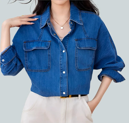 HHQ Casual Chic Vintage Denim Long Sleeve Button-up Shirt