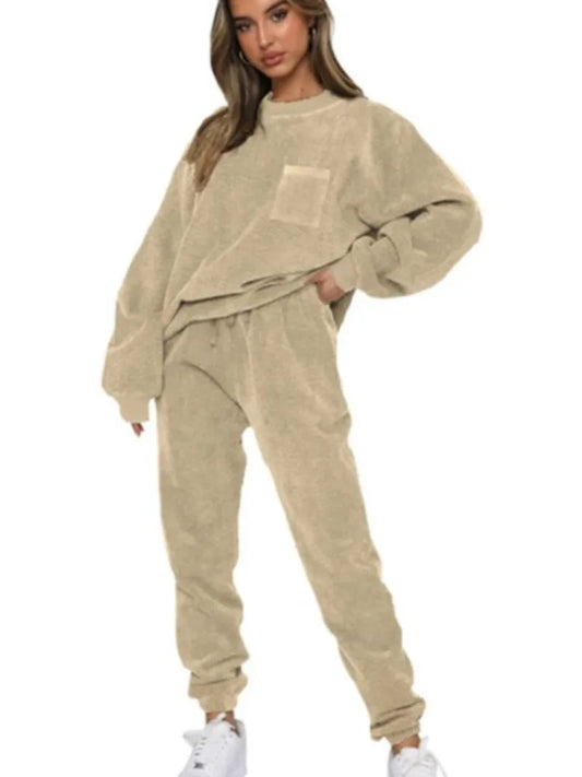 Corduroy Solid Color Pullover Long Sleeve Top & Loose Pants 2 Piece Set