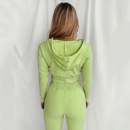 Trendy Knit Ribbed  Long Sleeve Zip Up Slim Fit Hooded Crop Tops + High Waist Long Pants