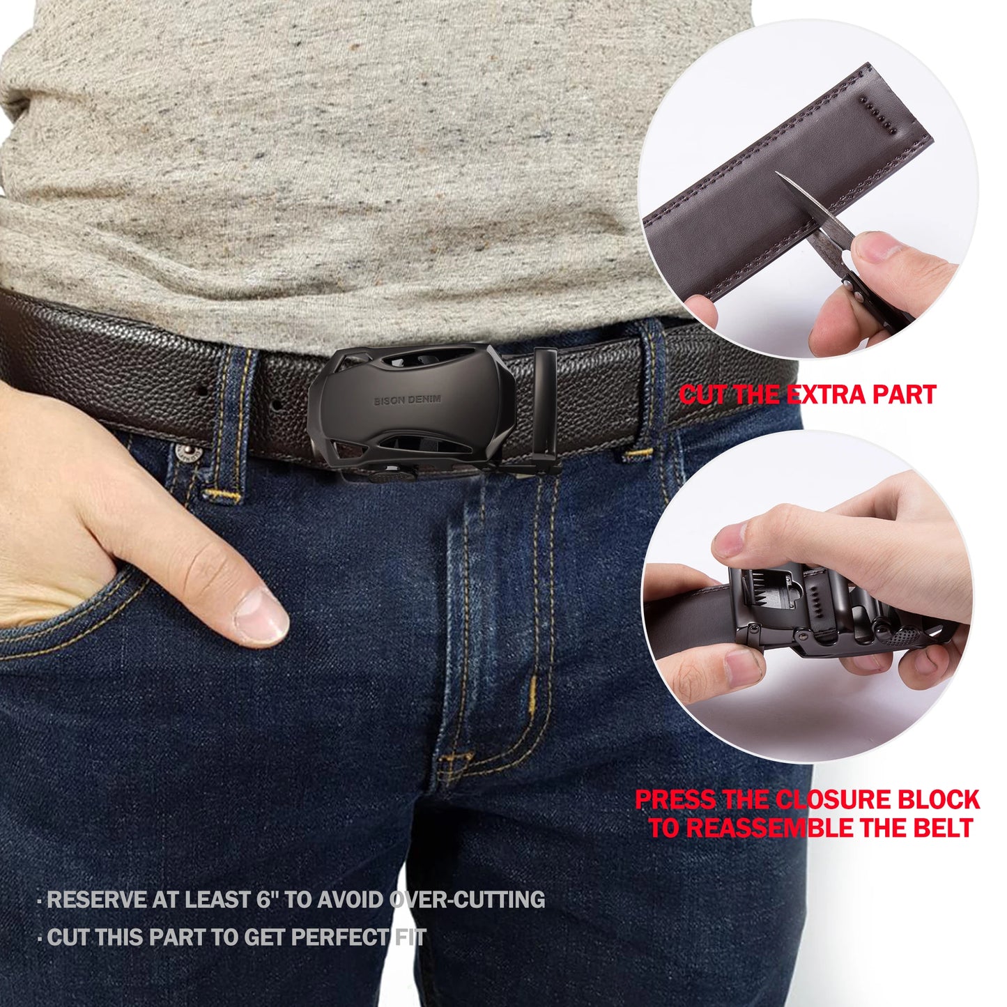 BISON DENIM Men's Belt Genuine Leather Automatic Buckle Male Belts