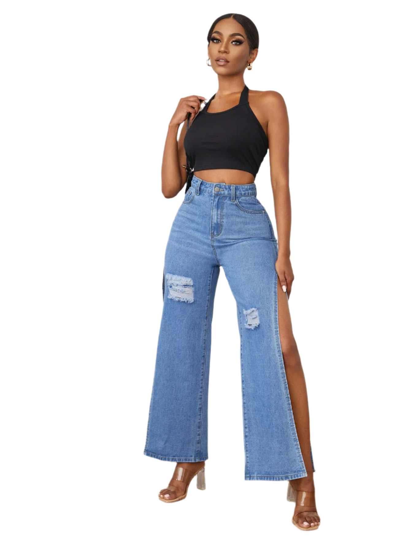 High Fashion Women's High Waist Ripped Slit Denim Blue Jeans