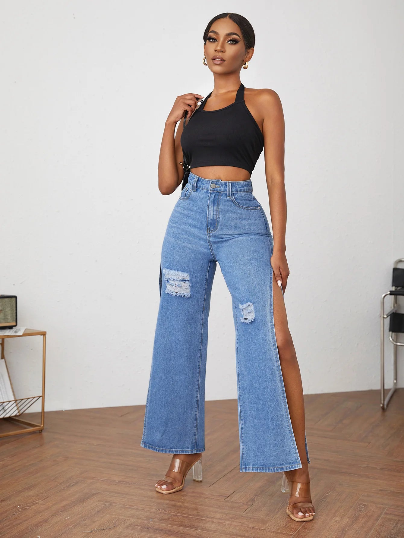 High Fashion Women's High Waist Ripped Slit Denim Blue Jeans