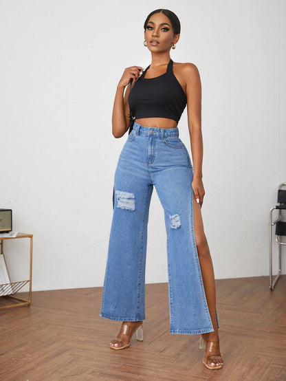 High Fashion Women's High Waist Ripped Slit Denim Blue Jeans