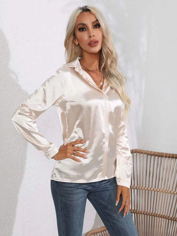 Satin V Neck Long Sleeve Shirt