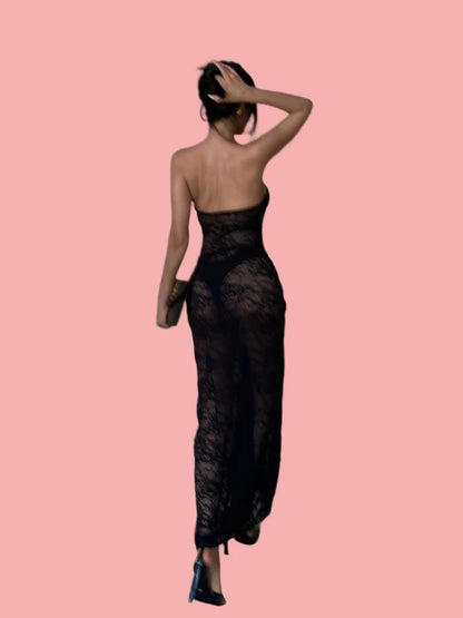 JULISSA MO Sexy Strapless Backless Lace Women Maxi Dress Black See Through Ruched Dress r