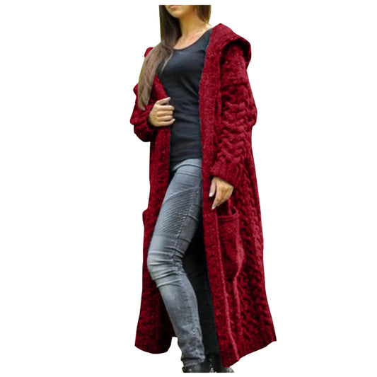 Casual Comfortable Thickened Warm Long Hooded Knit Cardigan Sweater Jackets