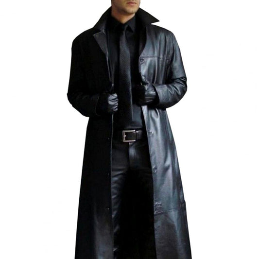 Men's Faux Leather Long Trench Coat