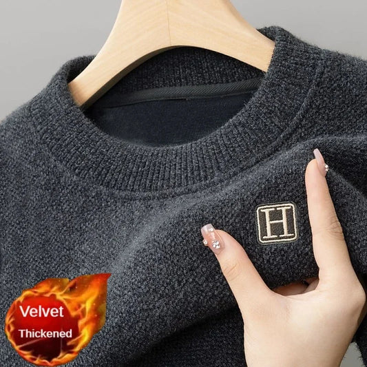 Men's Warm Fleece Thermal Sweater O-Neck Embroidered Casual Knitted Inner Lap Pullovers