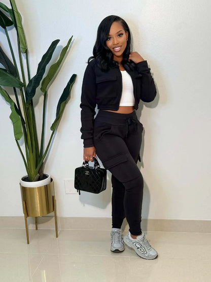 Sporty Two-Piece Cropped Jacket & High Waist Pocketed Jogger Pants