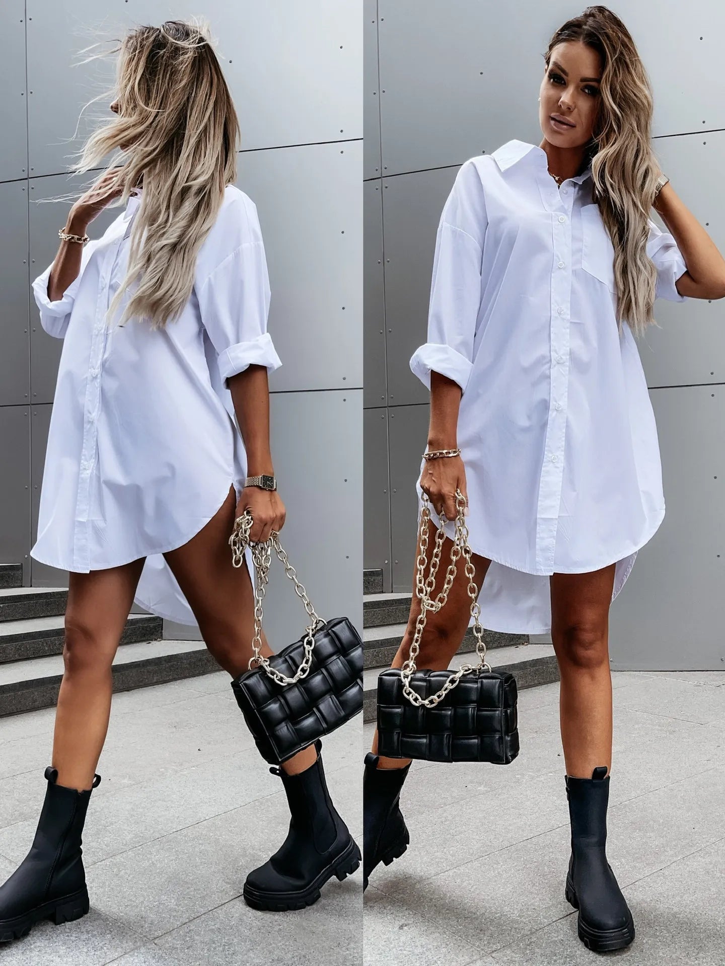 Elegant Women's White Blouse Casual Top Spring/Summer 2024 Simple Loose Fit Long Sleeve V-Neck Button Long Shirt S-XXL