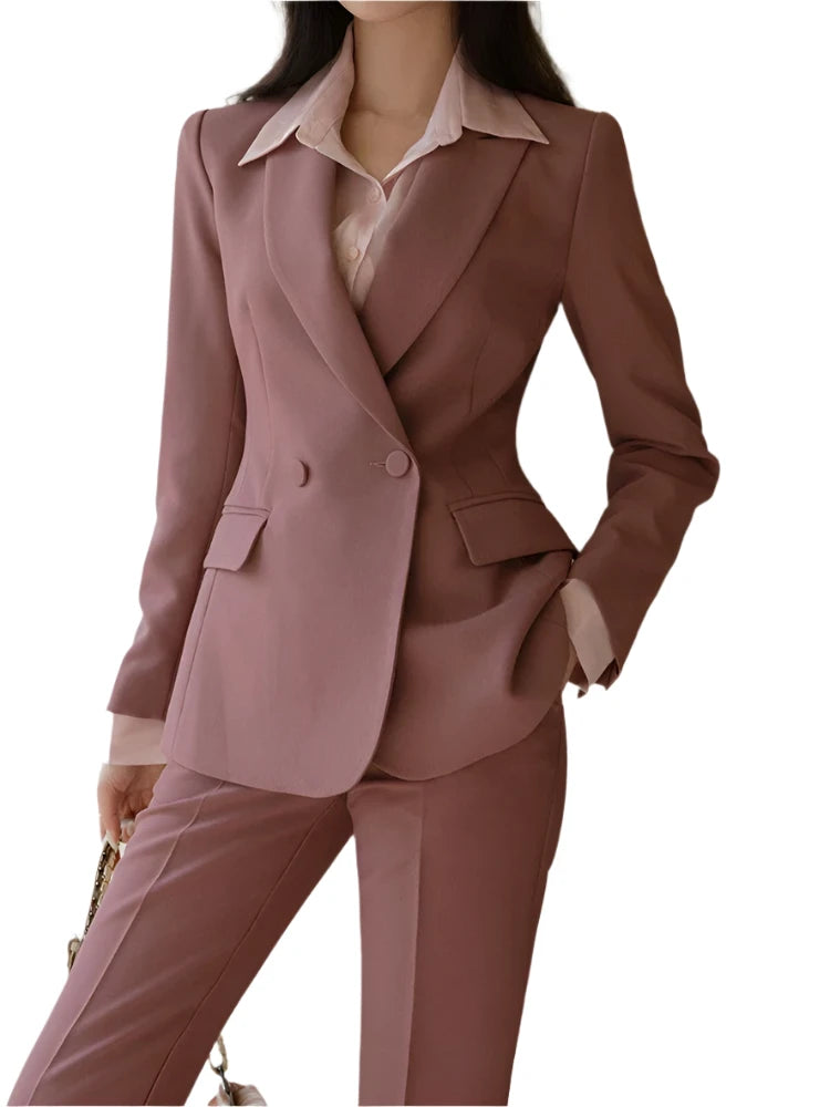 Business Chic Fashion Button Up Blazer & Slacks Two Piece Womens Outfit Set