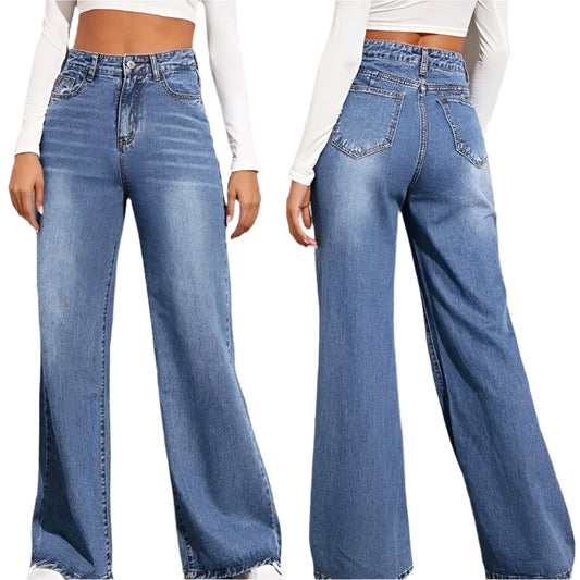 Kalenmos High Waist Wide Leg Med Stretch Denim Blue Jeans for Women