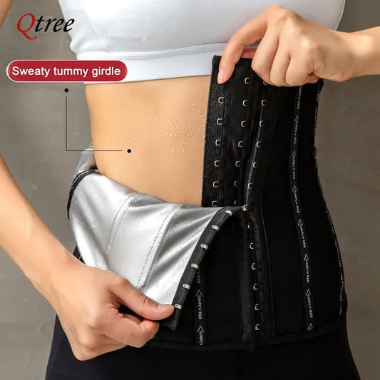 Qtree Sweat Fat Burner Waist Trainer Tummy Body Shaper Girdle Women Postpartum Slimming Hook Abdominal Sauna Corset