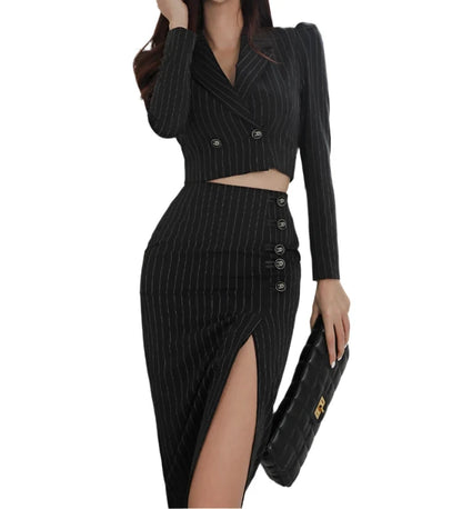 Women Black Puff Sleeve Short Blazer Jacket & Split Midi Skirt Business 2 Piece Sets