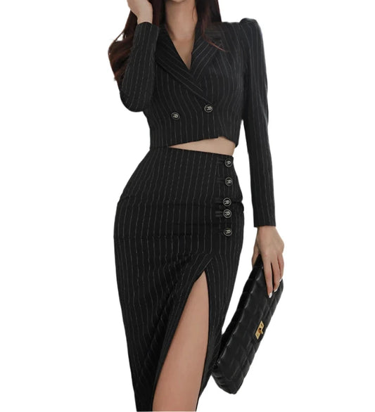 Women Black Puff Sleeve Short Blazer Jacket & Split Midi Skirt Business 2 Piece Sets