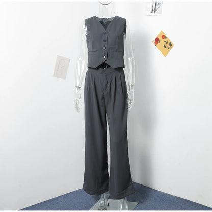 Women's Casual Chic Sleeveless V-neck Buttoned Vest & High Waist Pants 2 Piece Set