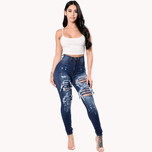 Casual Stretch High Waist Ripped Denim Blue Jeans For Women