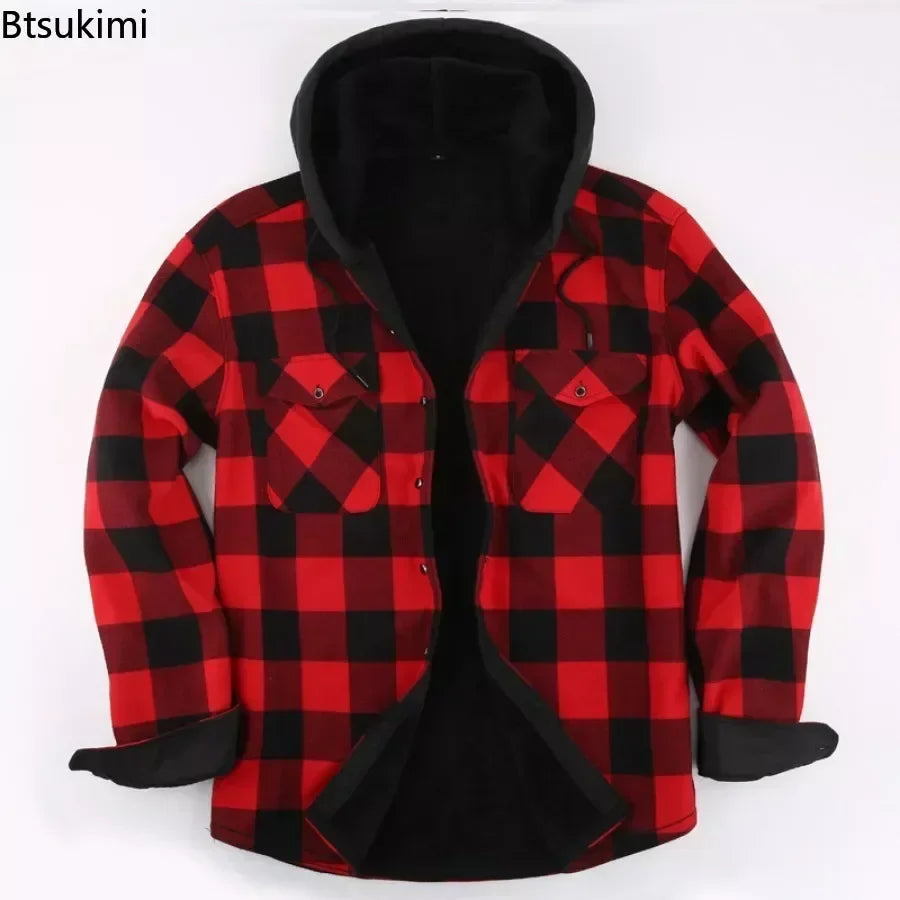 Men's Fleece Lined Hooded Plaid Jackets