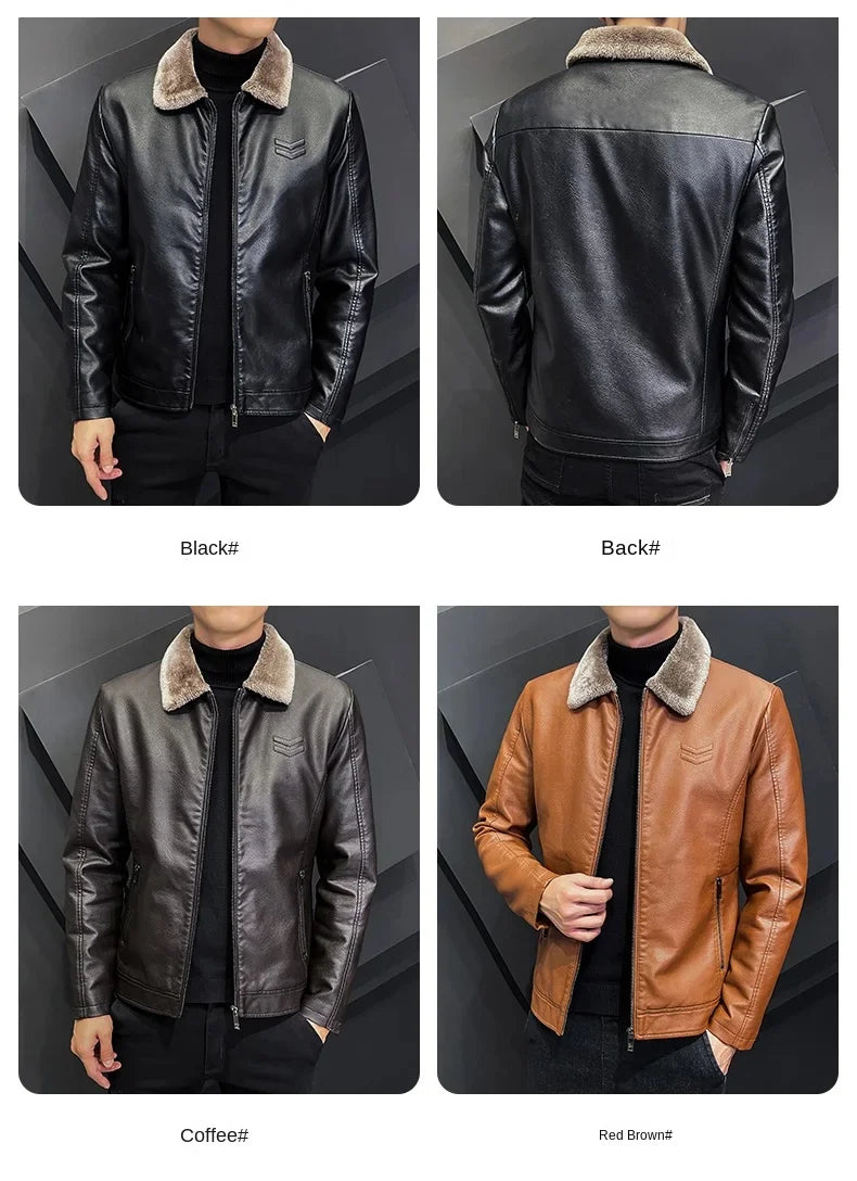 High Quality Men's Faux Leather Motorcycle Jacket Thickened Fur Collar and Inside Liner