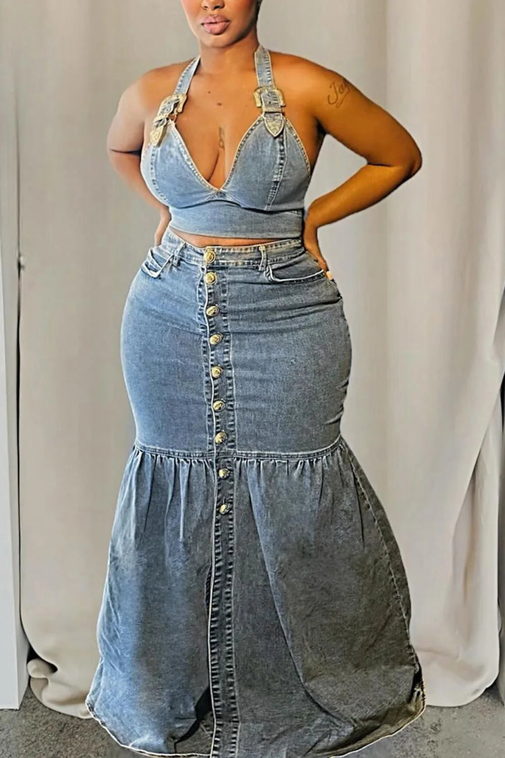 Denim Two Piece V-Neck Sexy Mermaid Skirt and Halter Cropped Top Matching Set Casual Vintage Fashion Outfits