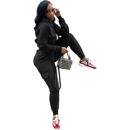 Sporty Two-Piece Cropped Jacket & High Waist Pocketed Jogger Pants