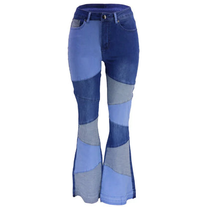 Paneled Collision Fashionable High Waist Flared Denim Blue Jeans