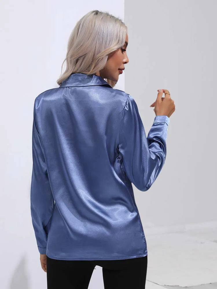 Satin V Neck Long Sleeve Shirt