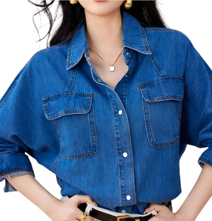 HHQ Casual Chic Vintage Denim Long Sleeve Button-up Shirt